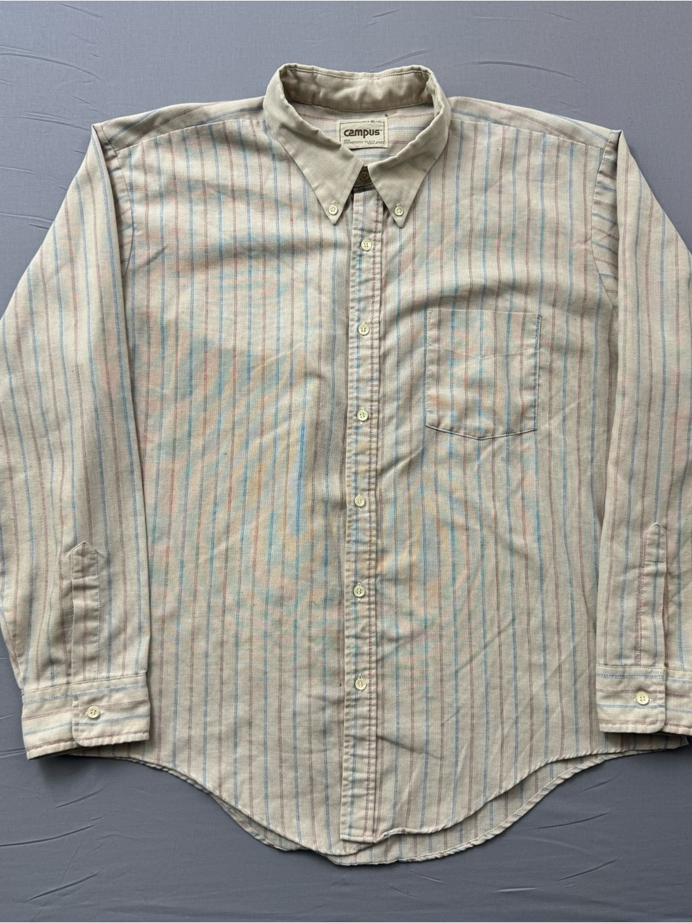 Vintage Campus Mens Shirt Mens XL Beige Striped Long Sleeve Button Up Made USA